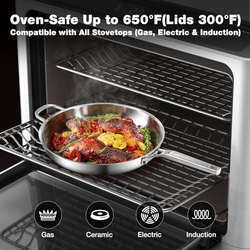 Yeksum Stainless Steel Pan,14 inch Frying Pan, Heavy Duty, Large Frying Pan, Fast & Even Heating, Up to 650°, Oven & Dishwasher Safe,Compatible with All Cooktops