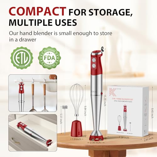 KOIOS Immersion Blender, 1000W Anti-scratch 3-in-1 Hand Blender, Upgraded 12 Speed Stainless Steel Blade Stick Blender with Turbo Mode, Whisk and Milk Frother, Non-BPA, Red