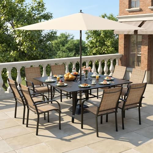 DSNAPE 9 Pieces Patio Table and Chairs Set, 59.6" Square Dining Table with Umbrella Hole & 8 Textilene Fixed Chairs, Dining Table Set for 8, Outdoor Furniture for Porch Deck Yard Balcony Lawn, Brown
