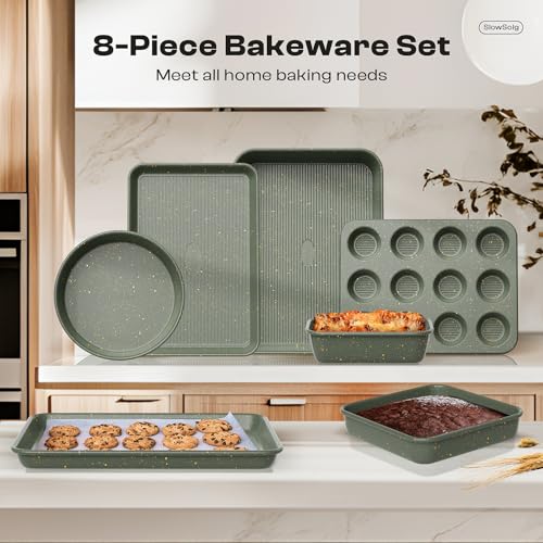 12-Piece Nonstick Baking Set, Non-Toxic Bakeware Sets with Baking Sheet, Cake Pan, Square Pan, Loaf Pan, Roasting Pan, Muffin Pan, Cookie Sheet, Cooling Rack & Kitchen Utensilss - Ceramic Coated Green