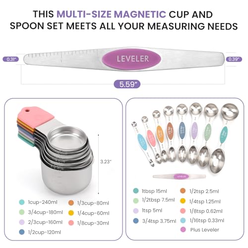 Magnetic Measuring Cups and Spoons Set-Heavy Duty 304 Stainless Steel,Double Measurement Markings,Set of 16 with Leveler for Measure Dry and Liquid Ingredients