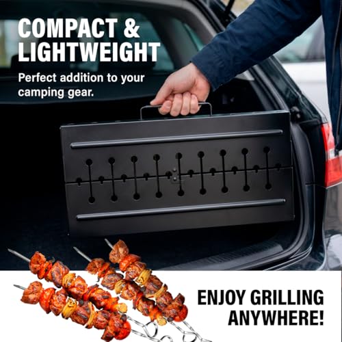 MHH Charcoal Grill for 8 Skewers - Portable Barbecue 16.9""×11.8""×21,2"" Kabob Camp Grills - Foldable Metal Mangal - Kebab Shish - BBQ for EDC Picnic Outdoor Cooking (Skewers Not Included)