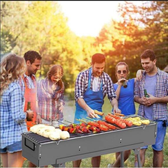 Portable Charcoal Grill, Stainless Steel BBQ Grill with Foldable Stand Adjustable Air Vents, Kebab Skewer BBQ Barbecue Grill Kit for Garden Backyard Party Picnic Travel Outdoor Use (31.6x7.1inch)