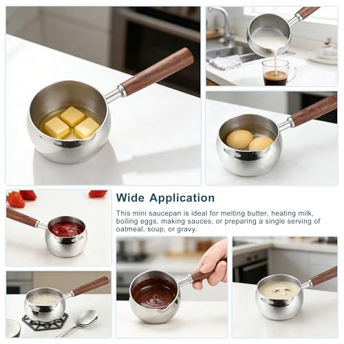 Mornajina 500ML 17oz Stainless Steel Milk Butter Warmer Pot, Mini Sauce Pot with Wooden Handle, Heating Milk, Melting Butter, Warming Sauces