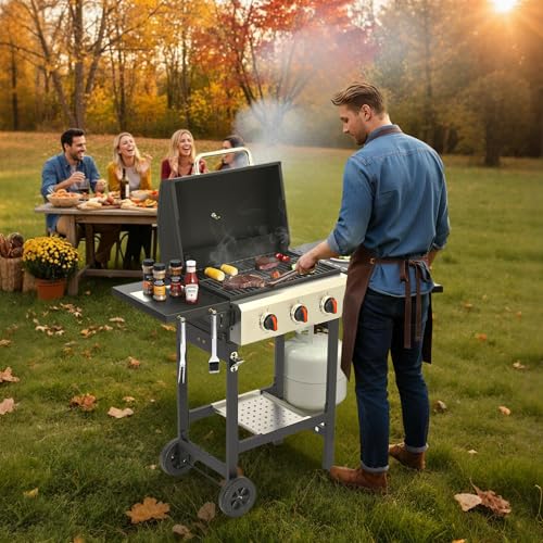 IdeaMaxx 3-Burner Propane Gas Grill with Cast Iron Grates, 38200 BTU output,Foldable Side Shelves for Portable Outdoor Patio Camping, Black (3 Burner)