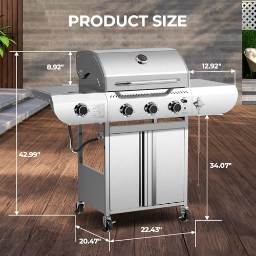 34,000 BTU 3-Burner Propane Gas Grill with Side Burner, All Stainless Steel BBQ Grill, Cast Iron Grates & Portable Cart with Wheels,Outdoor Barbecue Grill for Backyard, Patio, Camping (G31 PRO)