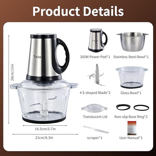 Tviorst Electric Food Processor, 3-Speed Food Chopper with Meat Grinder & Vegetable Chopper - 2 Bowls (8 Cup Stainless Steel+8 Cup Glass) with Powerful 300W Copper Motor, 2 Bi-Level S Blades