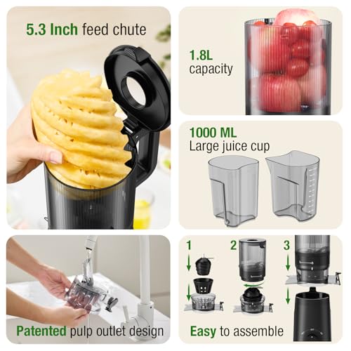 TUUMIIST Juicer Machines, Cold Press Juicer with 5.3" Extra Large Feed Chute Fit Whole Fruits & Vegetables Easy to Clean, High Juice Yield, BPA Free (Black)