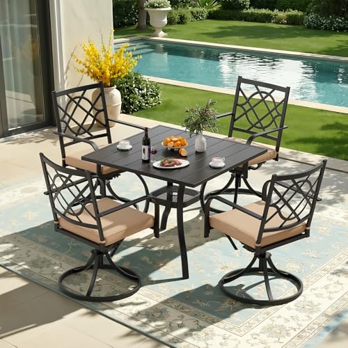 Patiomore 5 Piece Patio Dining Set Outdoor Furniture Set, Square Metal Patio Dining Table with Umbrella Hole & 4 Swivel Dining Chairs for Garden Lawn Yard