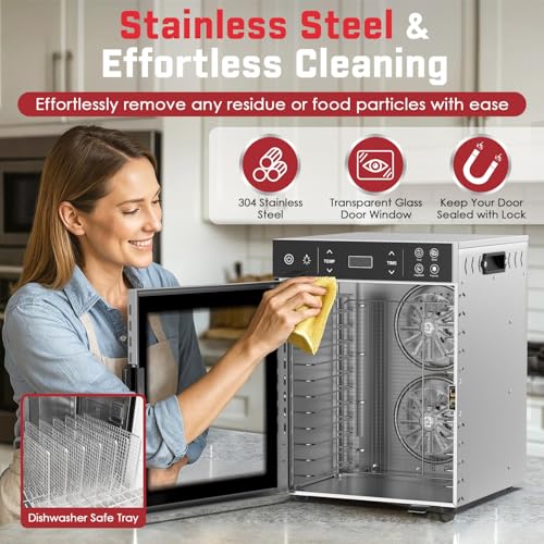 HOPERAN Food Dehydrator - 12 Stainless Steel Trays Dehydrators, 800W Electric Dehydrator Machine with 4 Presets, Digital Timer & Temperature Control for Herb, Dog Treats,Meats & Veggies (12 Trays)