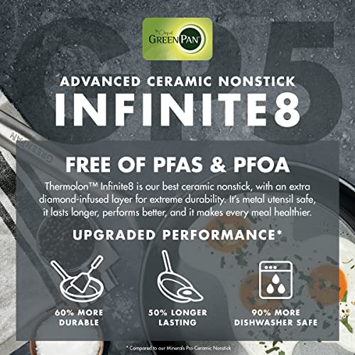 GreenPan GP5 Hard Anodized Healthy Ceramic Nonstick 14 Piece Cookware Pots and Pans Set,Heavy Gauge Scratch Resistant,Stay-Flat Surface, Induction, Mirror Finish Handle,Oven Safe,PFAS-Free,Slate