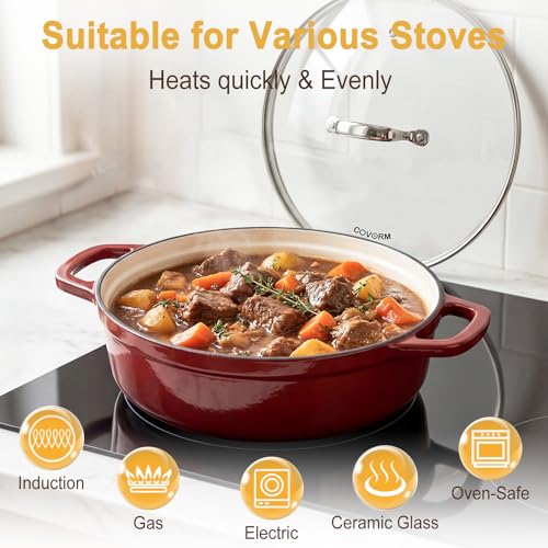 Lightweight Enameled Cast Iron Braiser - 4.5QT Braiser Pan with Glass Lid, Shallow Dutch Oven for Braising, Simmering