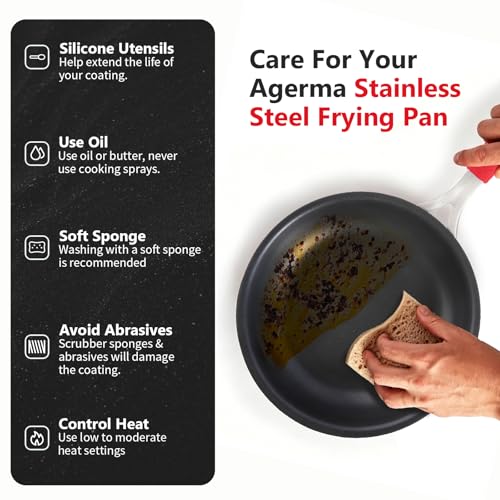 Agerma 8-Inch Nonstick Frying Pan, Tri-Ply Stainless Steel Skillet with Reinforced Coating, Detachable Handle with Silicone Sleeve, Dishwasher and Oven Safe, Induction Compatible,Woks & Stir-Fry Pans