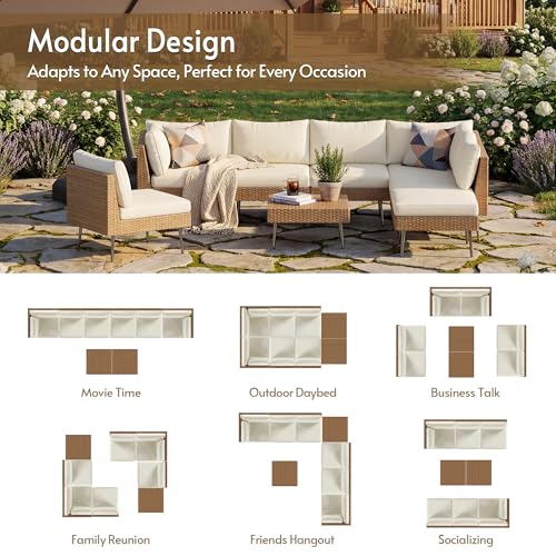 Rotihom 8-Piece Tight Weave Outdoor Patio Sectional, Luxe Outdoor Sofa with Premium Polyester & Ergonomic Design, All-Weather Patio Furniture Set for Backyard, Garden, Poolside (Beige)