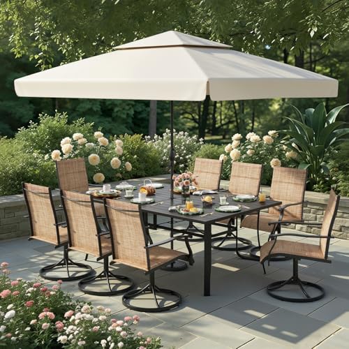 DSNAPE 9 Pieces Patio Table and Chairs Set, 75.6" Metal Dining Table with Umbrella Hole, 8 High Back Textilene Swivel Chairs, Dining Table Set for 8,Outdoor Furniture for Porch Deck Yard Balcony,Brown