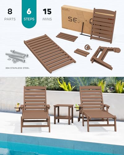 SERWALL HDPE Outdoor Lounge Chair Set of 2 with Cup Holder, Brown