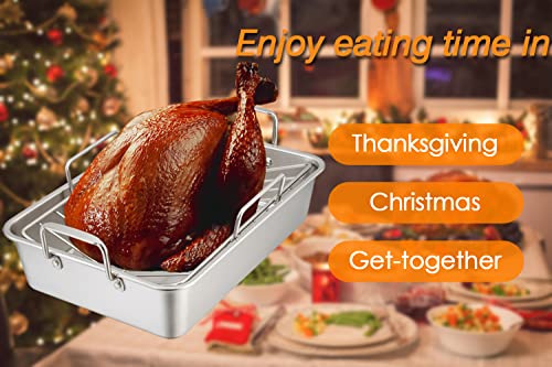 TeamFar Stainless Steel Roasting Pan, 16 Inch Large Turkey Roaster Lasagna Pan with V Rack & Cooling Rack Set for Roasting, Baking, Healthy & Heavy Duty, Deep Side & Dishwasher Safe - 3 PCS