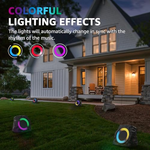 uuffoo 2-Pack Rock Speakers Outdoor Waterproof with RGB Color Lights Multi-Sync Up to 100 Speakers,Auto-Pairing,Solar-Powered and USB Charging for Patio Pool Party Yard Garden Outside