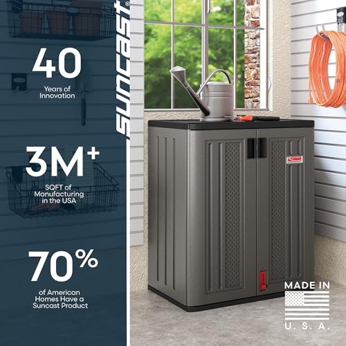 Suncast Heavy-Duty Resin Outdoor Storage Cabinet, 30" W x 20.25" D x 36" H Dark Grey Base Garage Storage Cabinet with Lockable Doors and Metal Reinforced Shelves, Made in The USA