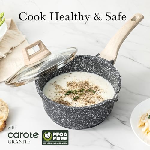 CAROTE 1.5Qt & 3.0Qt Sauce Pan Sets with Lid Cooking Pots Nonstick Saucepans Cookware Set with Pour Spout Small Kitchen Pot, Induction Comptable, Easy to Clean, PFOA FREE (Classic Granite)