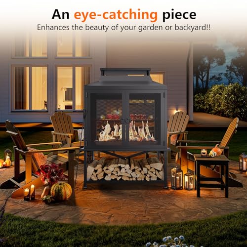 2-in-1 Metal Chiminea Fireplace with Grill,Wood Burning Outdoor Fireplace with Wood Storage, Chimney,Metal Mesh Spark Screen,and Fire Tongs Ideal for Yards,Patios, Gardens,Camping,and Picnics