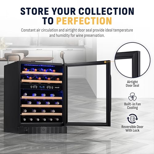 NewAir 24" Dual Zone Wine Fridge for 46 Bottles | Built-In or Freestanding Wine Cooler Refrigerator with Glass Door | Quiet Cooling & Adjustable Shelves for Red and White Wine | Black Stainless Steel
