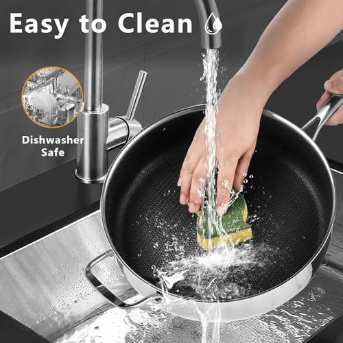 SAKAMOSH 12 Inch Frying Pan Nonstick with Lid, 5.6QT Hybrid Ceramic Deep Saute Pan & Skillet, Tri-Ply Stainless Steel for Even Heat, PFOA/PFOS Free, Induction & Oven Safe