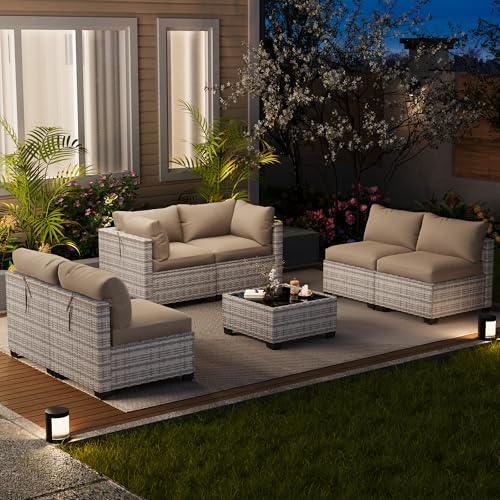 LOUVIXA 7 Piece Outdoor Patio Furniture Set, Outdoor Sectional Sofa, Wicker Rattan Patio Furniture, Patio Conversation Set with Coffee Table & Cushions