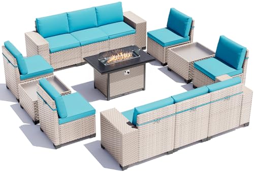 Aukreolis 13 Pieces Patio Furniture Set with Fire Pit Table, Outdoor Sectional Wicker Sofa with Thickened Cushions and Coffee Table, High Back Rattan Patio Conversation Sets, Cyan