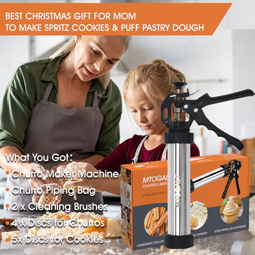 MTOGALT 21-Piece Cookie Press Set & Churro Maker Machine – Stainless Steel Baking Gun for Spritz Cookies, Hollow Churros, and Pastry – Includes 6 Nozzles, 9 Discs, Piping Bag, and 2 Brushes