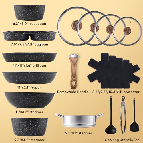 Sweetcrispy 17 Pcs Nonstick Pots and Pans, Non-toxic Kitchen Cooking Set, Induction Kitchen Cookware Sets Non Stick with Stay-Cool Handles, Oven Safe, Black