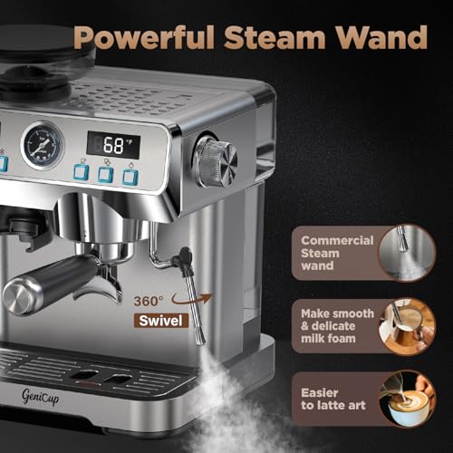 GeniCup Espresso Machine with Grinder 20 Bar with 68oz Water Tank Cold Brew