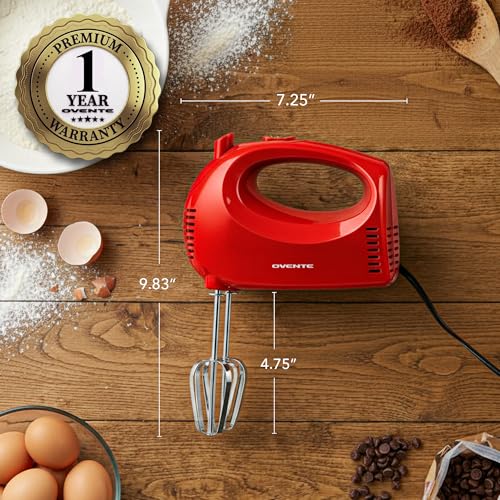 OVENTE 5-Speed Corded Electric Hand Mixer with Stainless Steel Whisks, Compact Portable Design with Snap-On Storage Case,150W Lightweight Handheld Mixer for Baking & Cooking, Red HM151R