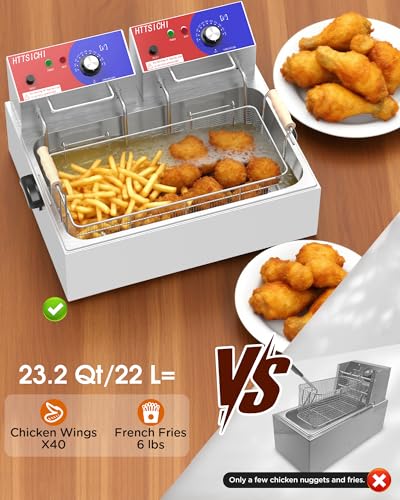 HTTSICHI Commercial Deep Fryer - 22 L Electric Deep Fryer with 10 L Basket(3Pcs), 3400W High Power Commercial Deep Fryer with Basket, Stainless Steel Commercial Fryer w/Adjustable Temperature and Lid