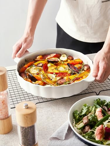Samsle Ceramic Pie Pan For Baking,13Inch Round Baking Dish With Double Handle,Pie Plate With Ruffled Edge-Microwave, Dishwasher, and Oven Safe