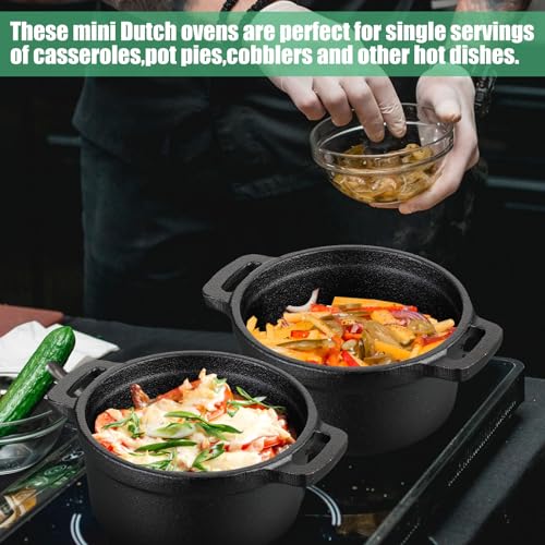 Suttmin 2 Sets 8 oz Dutch Oven Pot with Lid and Wooden Base Pre Seasoned Cast Iron Casserole Mini Cast Iron Pot Round Cocotte with Handle Heavy Duty Casserole Dish for Grill Oven Black