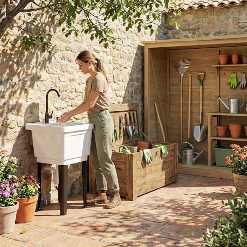 Outsunny 23-Gallon Utility Sink Laundry Tub for Washing Room, Freestanding Laundry Sink with Soap Dispenser, Faucet, Inlet and Drain Hoses, Portable Utility Tub for Indoor & Outdoor, White