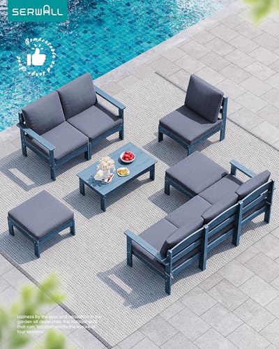 SERWALL 9 Pieces Patio Conversation Set, Outdoor Sectional Sofas, Blue