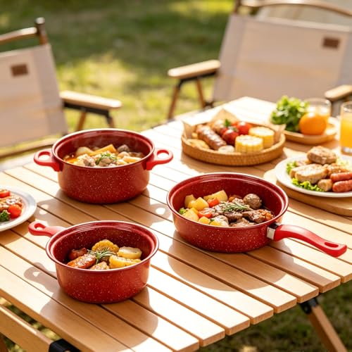 Non-Stick Cookware Set, 13 Piece Set Portable Lightweight Cast Iron Pots and Pans with Glass Lids and Nylon Utensils for Outdoor Camping Picnic Travel Cookware Red