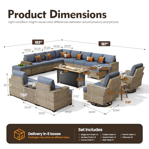 HOOOWOOO Sectional Patio Furniture Set with Fire Pit Table,17 Pieces Wicker Outdoor Furniture L Shaped Couch,Outside Conversation Set Extra Deep Sofa Wide Arm Swivel Chairs Ottoman Light,Denim Blue