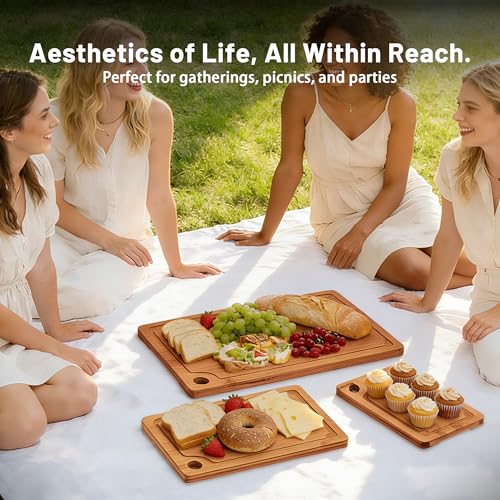 Lacusmall Bamboo Cutting Board for Kitchen, 3Pcs Thickened Wooden Cutting Board Set with Deep Juice Groove, Built-in Handles Durable Chopping Boards for Separating Meat, Vegetables, Fruits, Ideal Gift