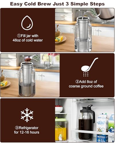 VA1KENE Cold Brew Coffee Maker 64oz, Iced Coffee Maker with 304 Stainless Steel Filter, Mason Jar Pitcher with Lid and Spout (Black)