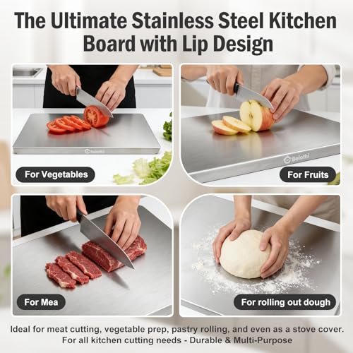 Stainless Steel Cutting Board with Lip, Large Metal Chopping Board with Counter Edge, Dishwasher Safe Non-Slip Pastry Board for Meat Vegetables & Baking(18x14)
