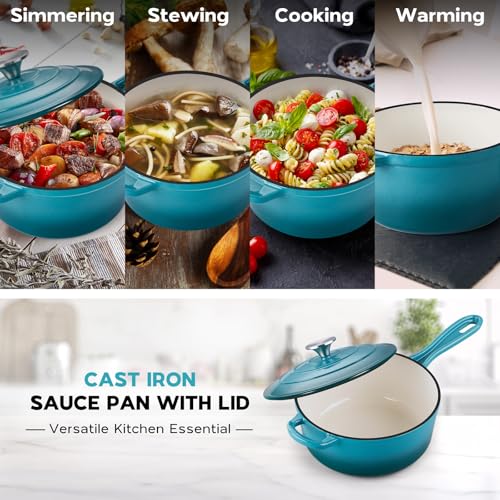 Onader 3QT Enameled Cast Iron Saucepan with Lid, Small Sauce Pan, Enamel Cast Iron Dutch Oven Cooking Pot, Nonstick & Heavy Duty – Dark Cyan