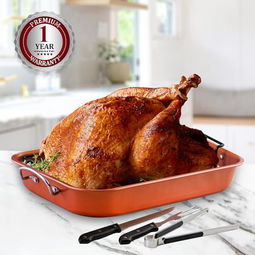 OVENTE Stainless Steel Roasting Pan with V-Shape Rack and Carving Set, 15x11.75 Inch Nonstick Roaster Tray, Oven & Dishwasher Safe Bakeware Dish for Turkey, Roasted Chicken or Beef, Copper CWR24619CO