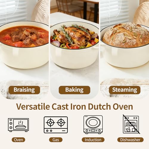 Blingco Enameled Cast Iron Dutch Oven with Lid -6.5 QT, incl. Sourdough Bread-Baking Supplies like Banneton Proofing Basket, Heavy Duty Cookware Bread-Oven for Baking, Stews, and Roasting, Cream White