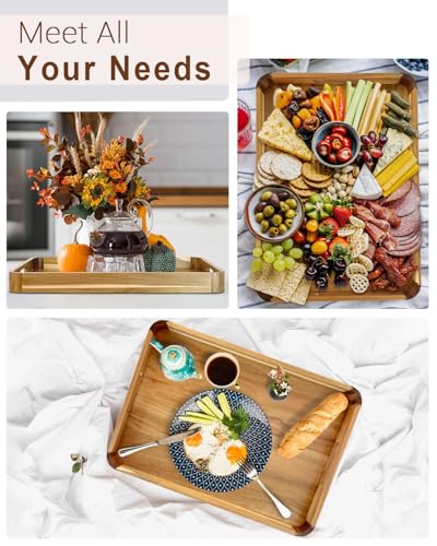 OurMiao 22 Inches Acacia Wood Serving Tray with Handles, Large Wooden Rectangle Ottoman Tray, Nice Home Decor for Living Room Coffee Table Couch, Ideal Size for Serving Food Breakfast BBQ Party