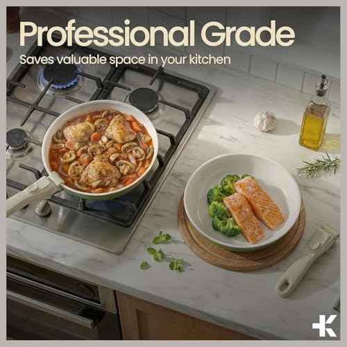 Pots and Pans Set Non Stick Ceramic-Granite – 14-Piece Cookware with Detachable Handles, Stackable Space-Saving, Dishwasher Safe, Stain-resistant, Oven & All-Stove Safe, Tempered Glass Lids, Green