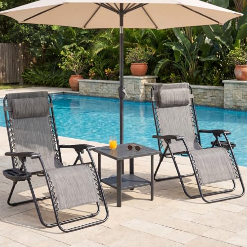 NEWBULIG Zero Gravity Chair Set of 2, Lounge Chair Folding Portable Adjustable Camping Reclining Chairs with Adjustable Pollow, Mesh Back, Cup Holder Trays Lawn Patio Chair for Pool Beach - Grey