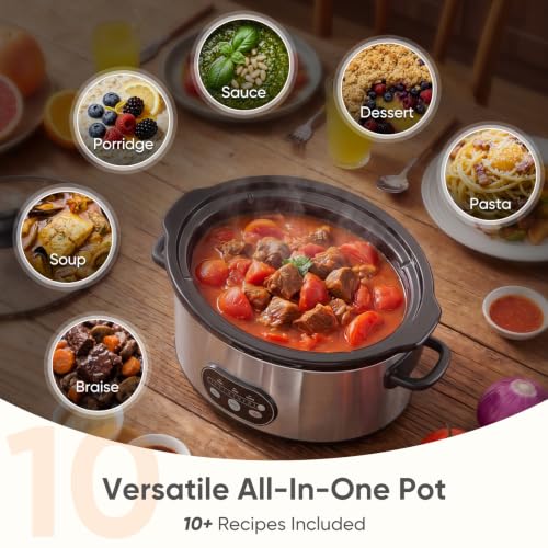 NEWBULIG Slow Cooker 8 Quart, Large Slow Cooker, Ceramic Nonstick Coating, 3 Adjustable Temp Multi Cookers with Dishwasher Safe Stoneware Pot & Tempered Glass Lid, 35in Tangle Free Cord Wrap, Silver